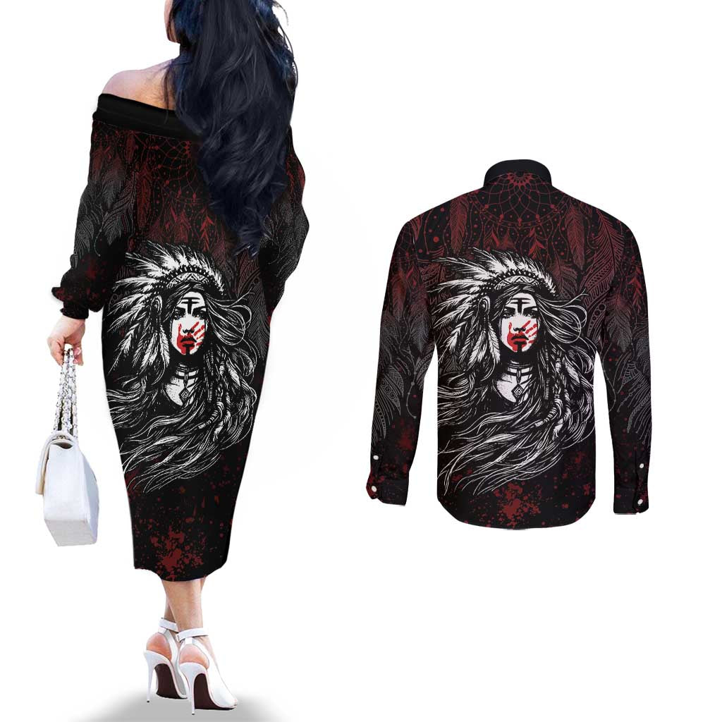 Native American MMIW Red Handprint Couples Matching Off The Shoulder Long Sleeve Dress and Long Sleeve Button Shirt Dreamcatcher