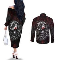 Native American MMIW Red Handprint Couples Matching Off The Shoulder Long Sleeve Dress and Long Sleeve Button Shirt Dreamcatcher