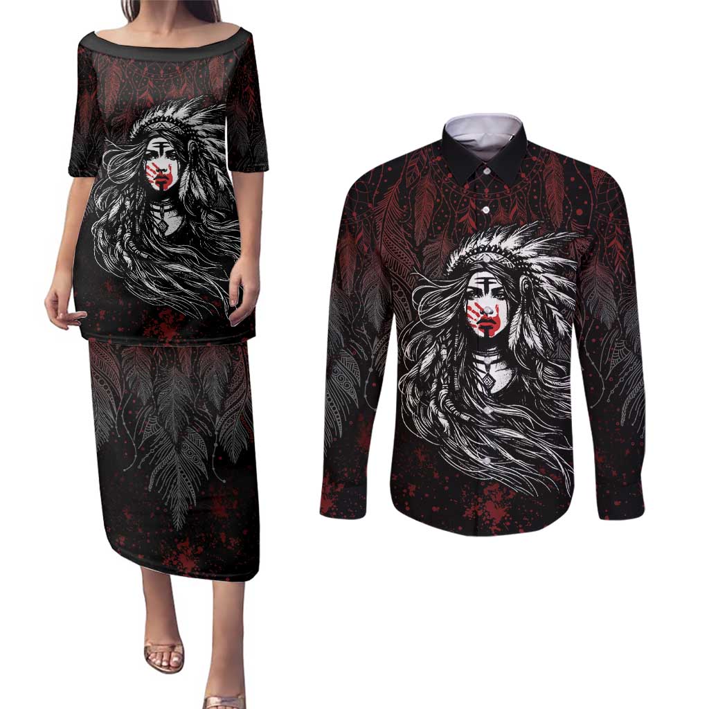 Native American MMIW Red Handprint Couples Matching Puletasi and Long Sleeve Button Shirt Dreamcatcher