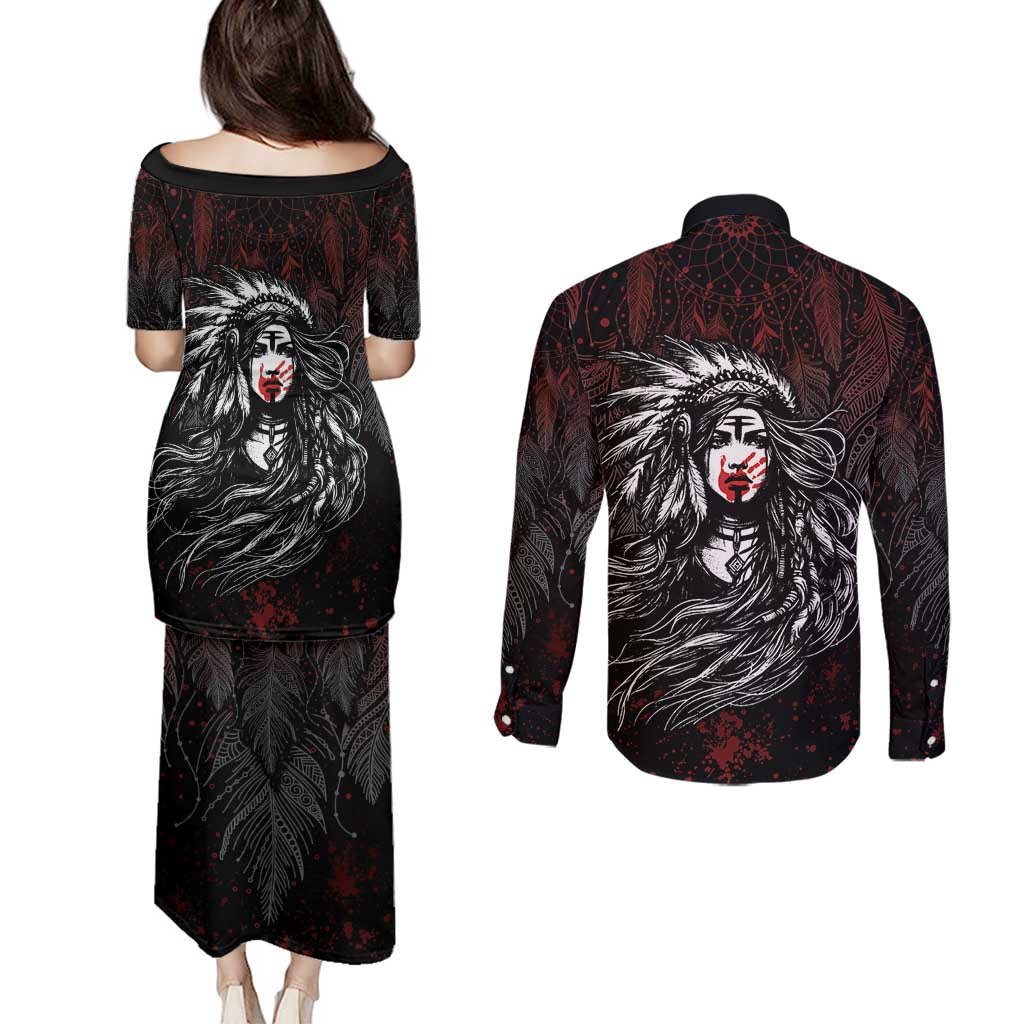 Native American MMIW Red Handprint Couples Matching Puletasi and Long Sleeve Button Shirt Dreamcatcher