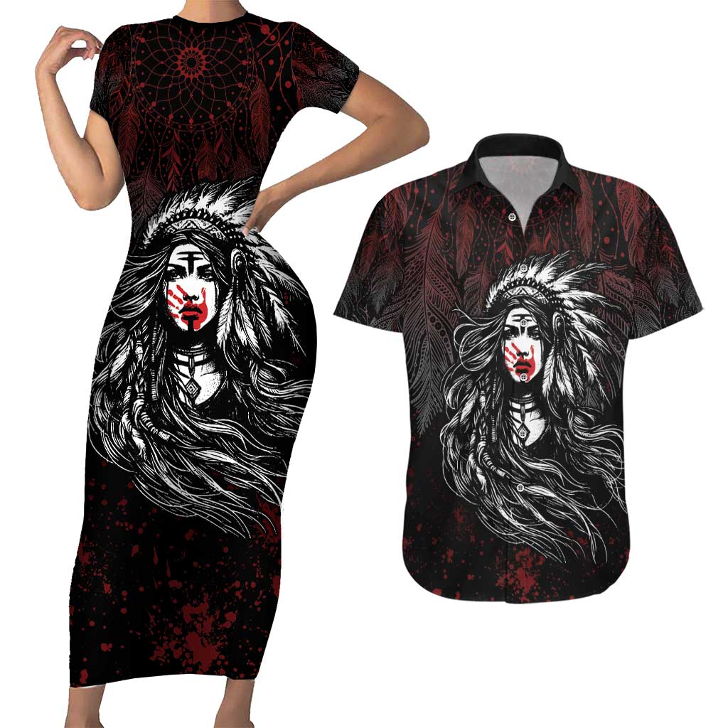 Native American MMIW Red Handprint Couples Matching Short Sleeve Bodycon Dress and Hawaiian Shirt Dreamcatcher