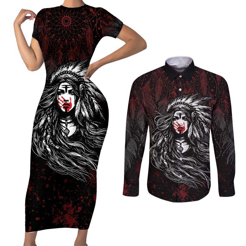 Native American MMIW Red Handprint Couples Matching Short Sleeve Bodycon Dress and Long Sleeve Button Shirt Dreamcatcher