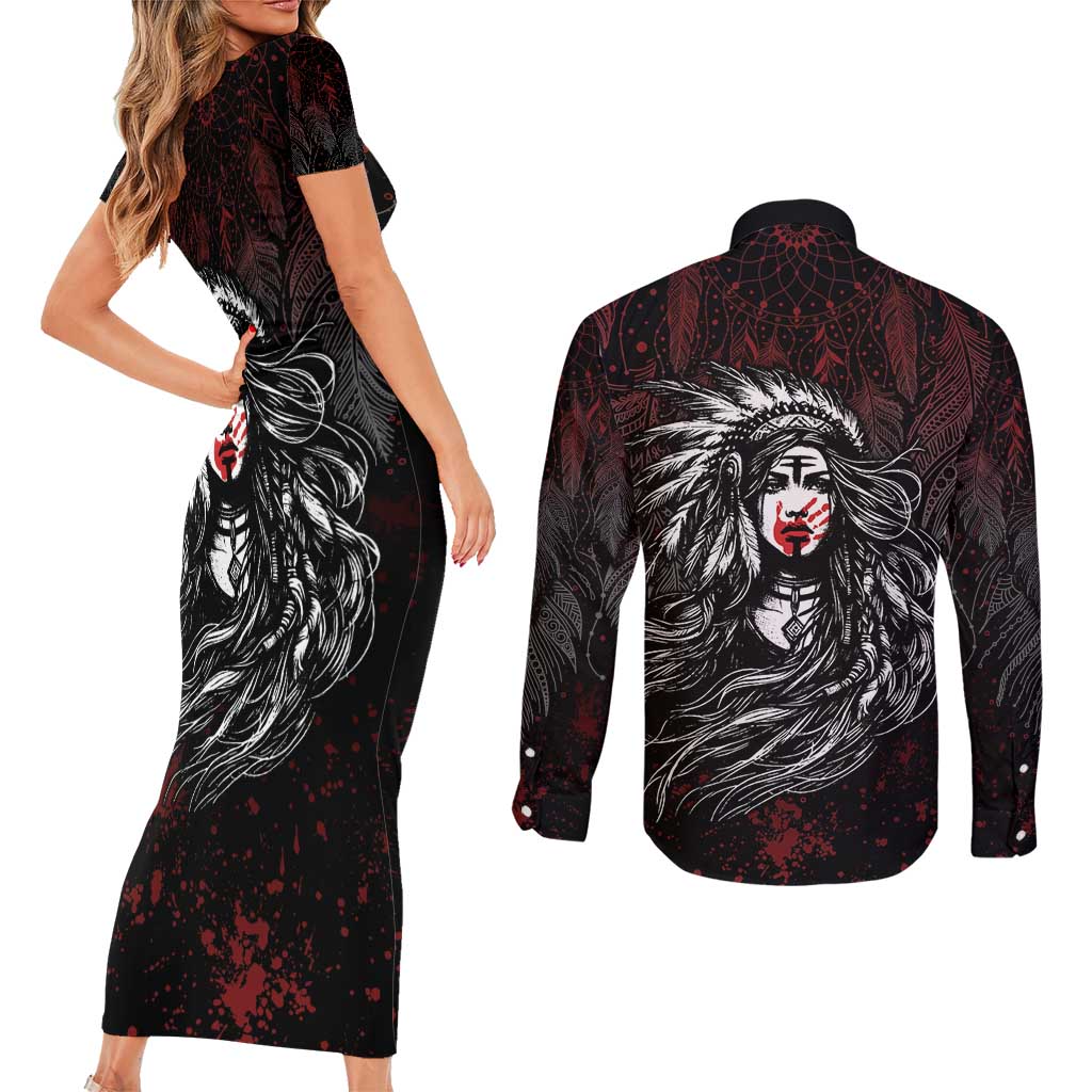 Native American MMIW Red Handprint Couples Matching Short Sleeve Bodycon Dress and Long Sleeve Button Shirt Dreamcatcher