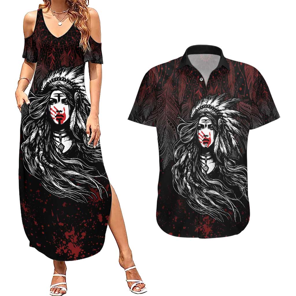Native American MMIW Red Handprint Couples Matching Summer Maxi Dress and Hawaiian Shirt Dreamcatcher