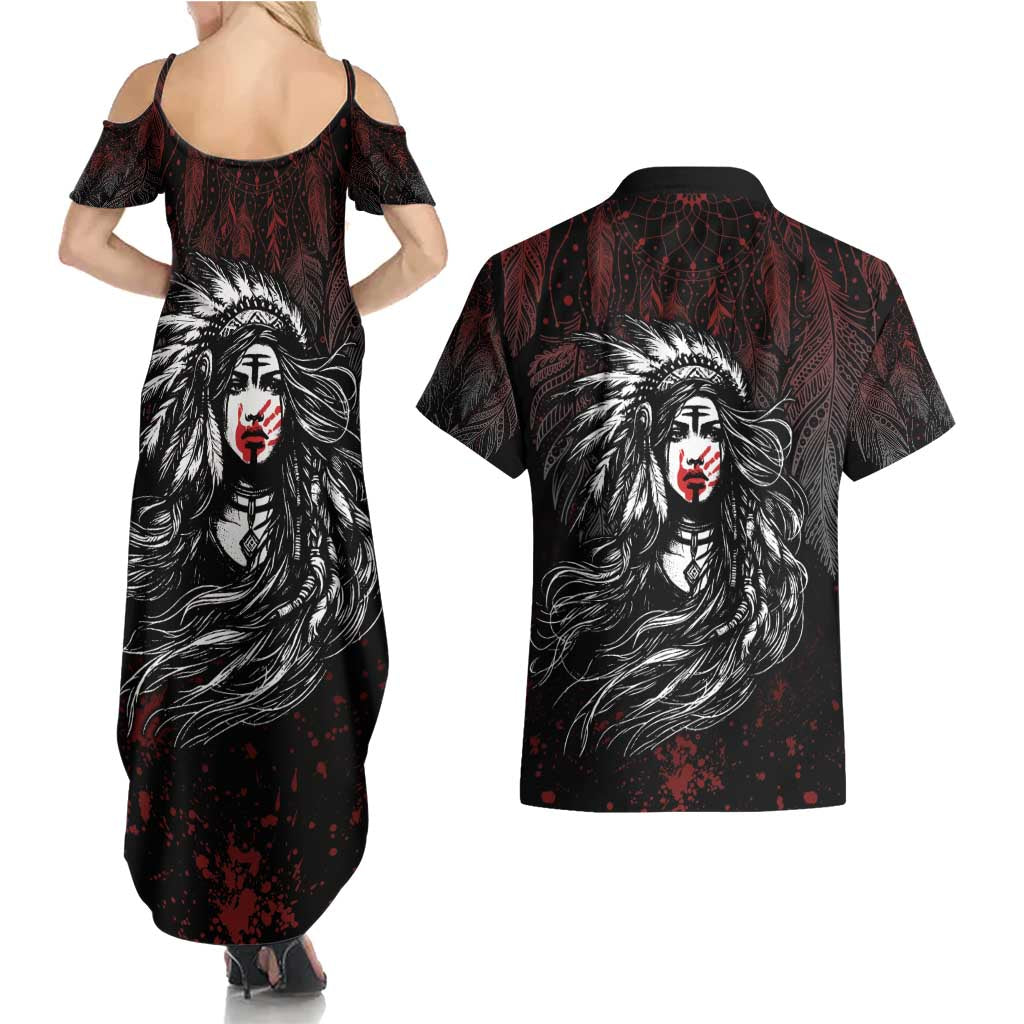 Native American MMIW Red Handprint Couples Matching Summer Maxi Dress and Hawaiian Shirt Dreamcatcher