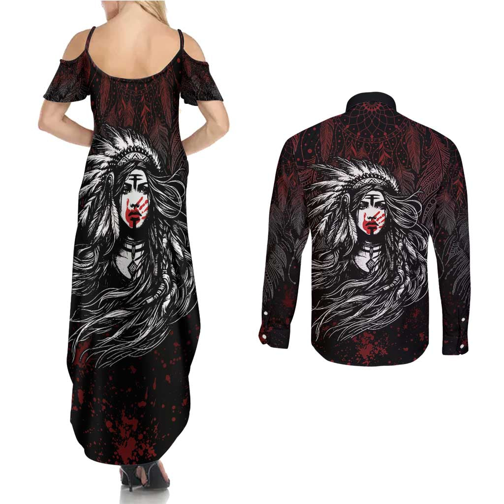Native American MMIW Red Handprint Couples Matching Summer Maxi Dress and Long Sleeve Button Shirt Dreamcatcher