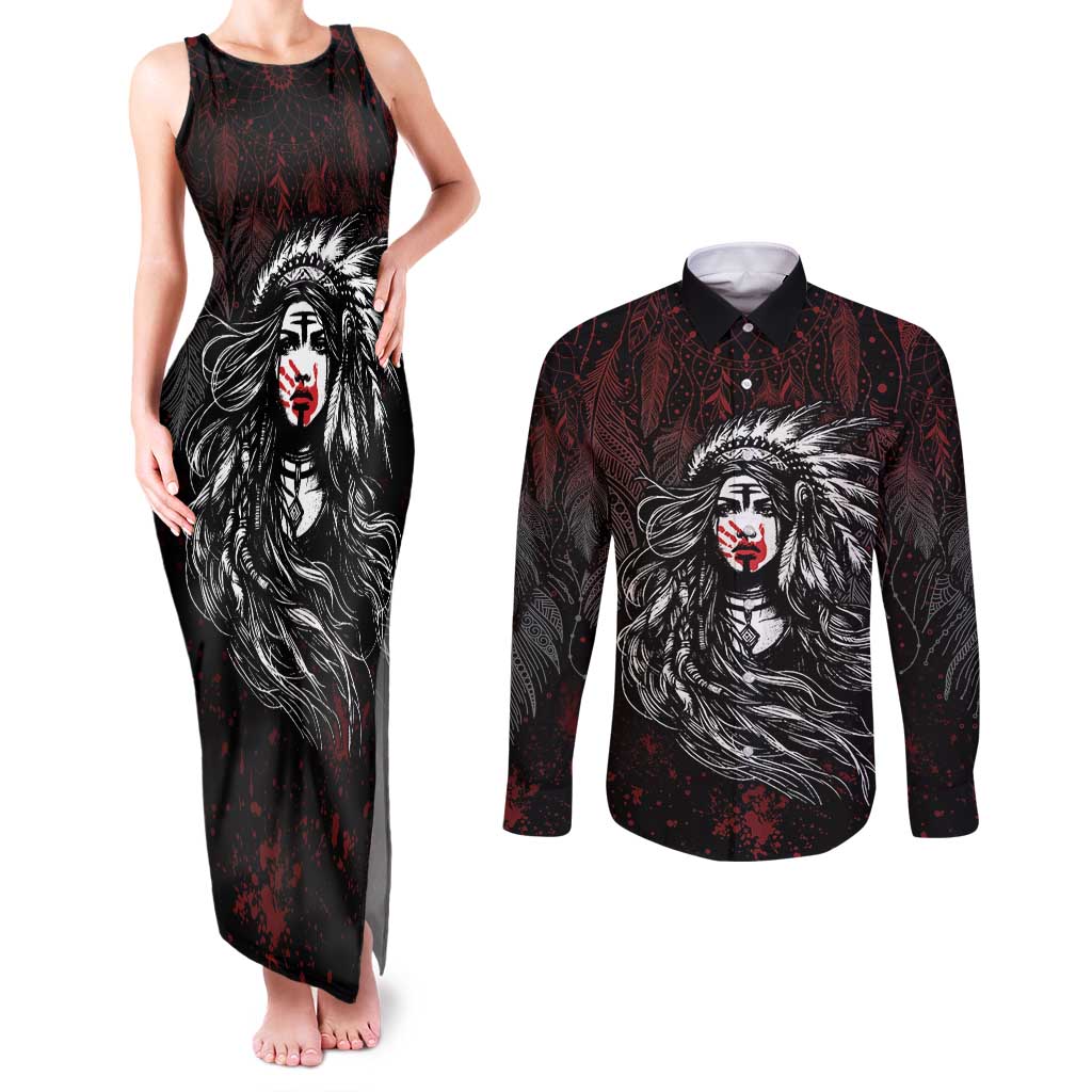 Native American MMIW Red Handprint Couples Matching Tank Maxi Dress and Long Sleeve Button Shirt Dreamcatcher