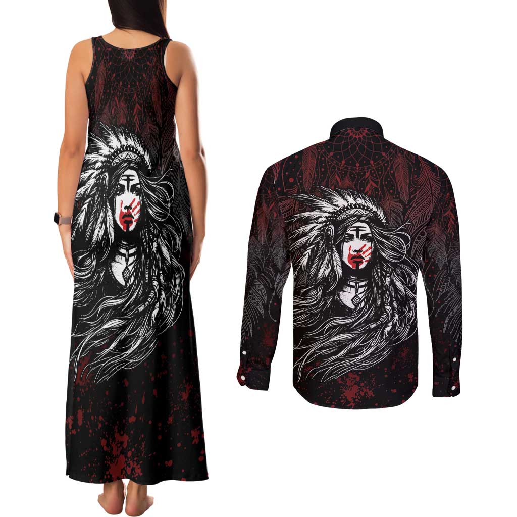 Native American MMIW Red Handprint Couples Matching Tank Maxi Dress and Long Sleeve Button Shirt Dreamcatcher