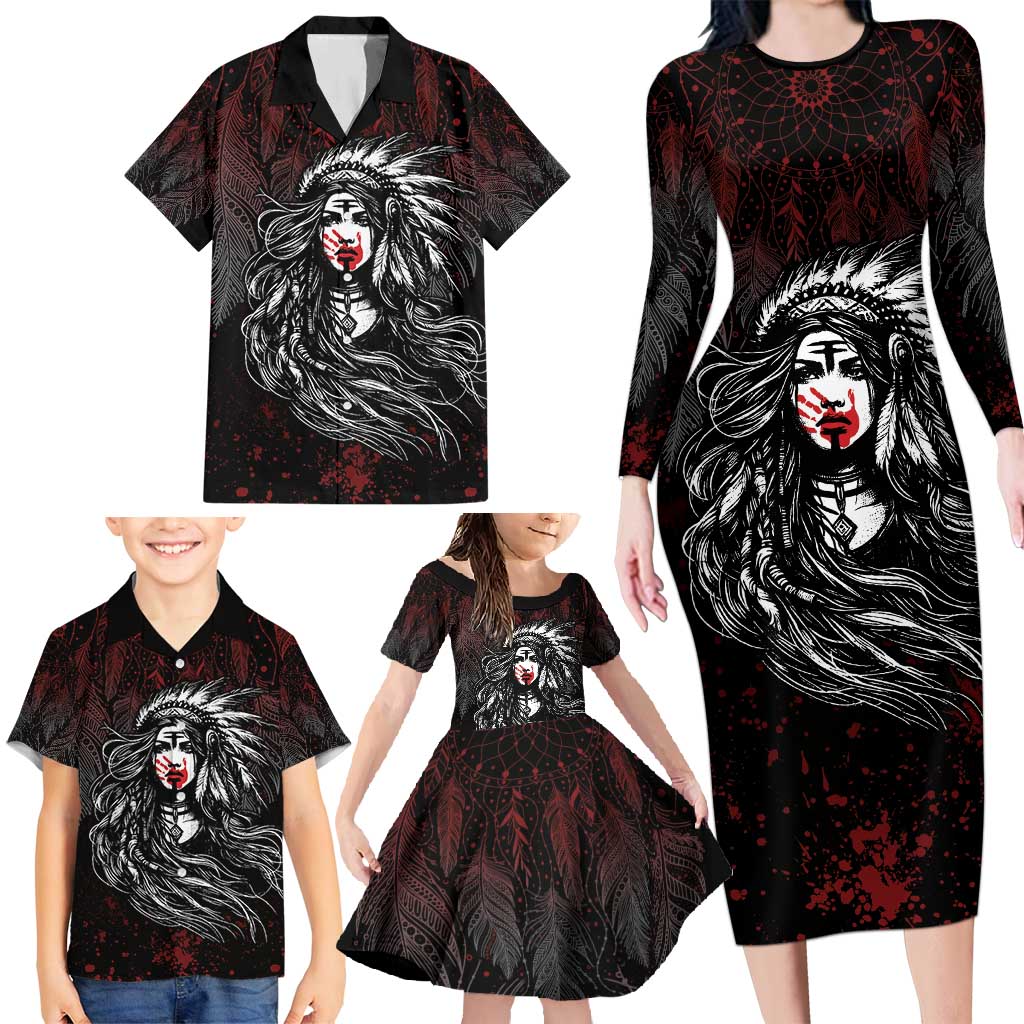 Native American MMIW Red Handprint Family Matching Long Sleeve Bodycon Dress and Hawaiian Shirt Dreamcatcher