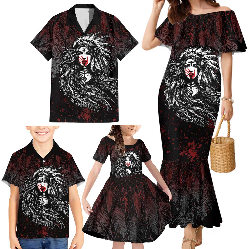 Native American MMIW Red Handprint Family Matching Mermaid Dress and Hawaiian Shirt Dreamcatcher