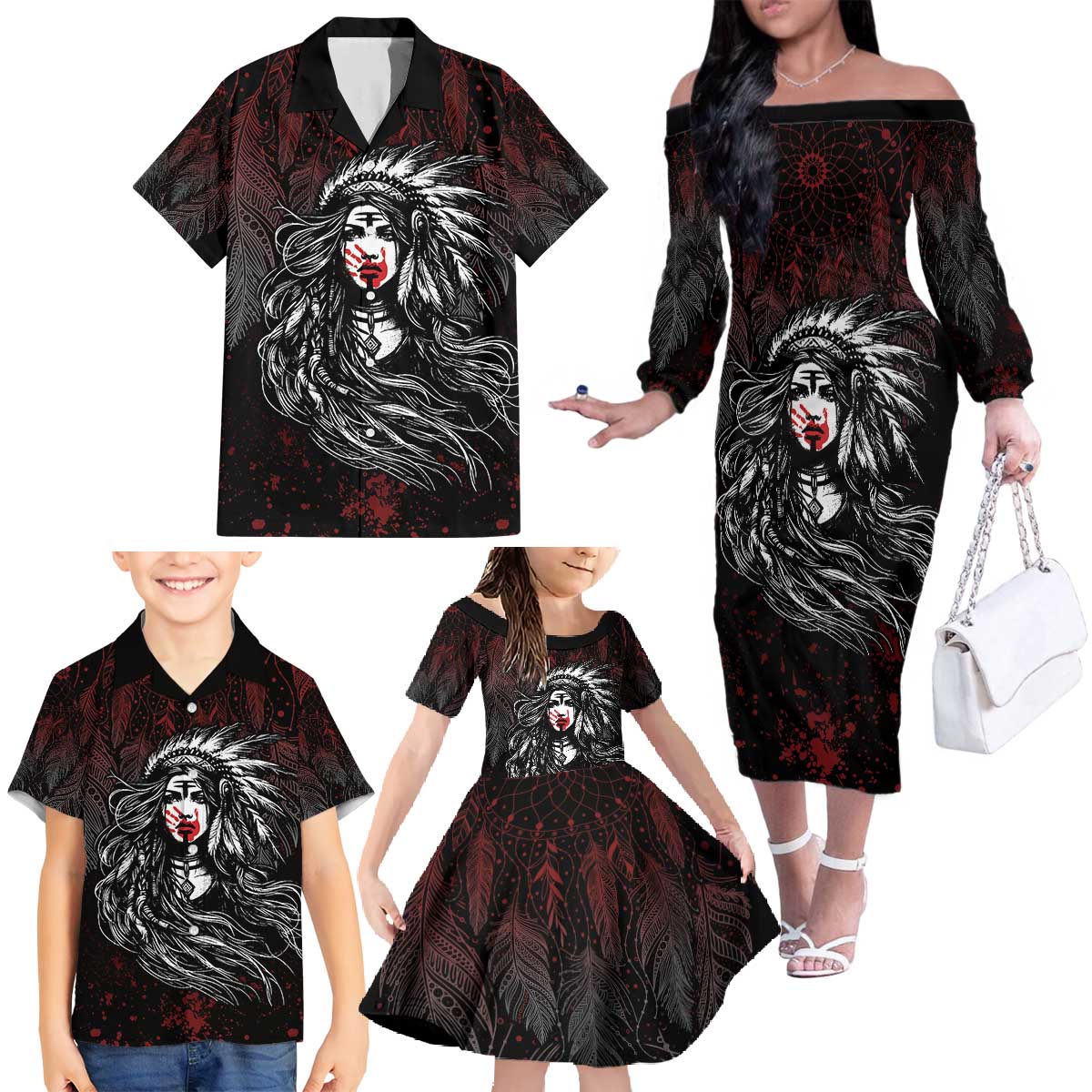 Native American MMIW Red Handprint Family Matching Off The Shoulder Long Sleeve Dress and Hawaiian Shirt Dreamcatcher