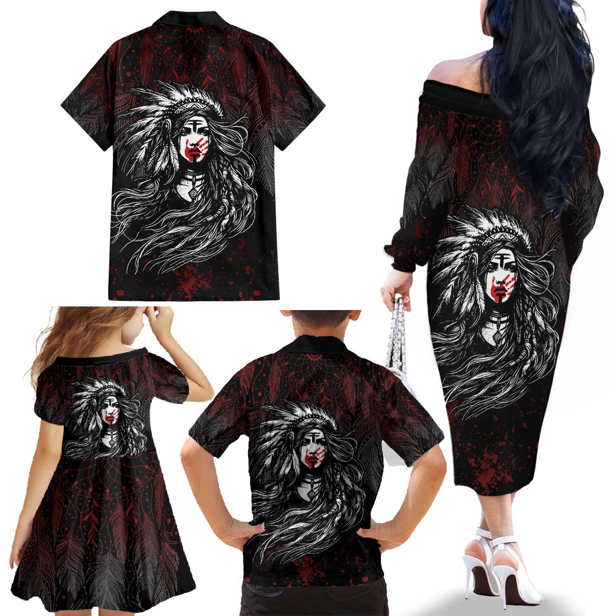 Native American MMIW Red Handprint Family Matching Off The Shoulder Long Sleeve Dress and Hawaiian Shirt Dreamcatcher