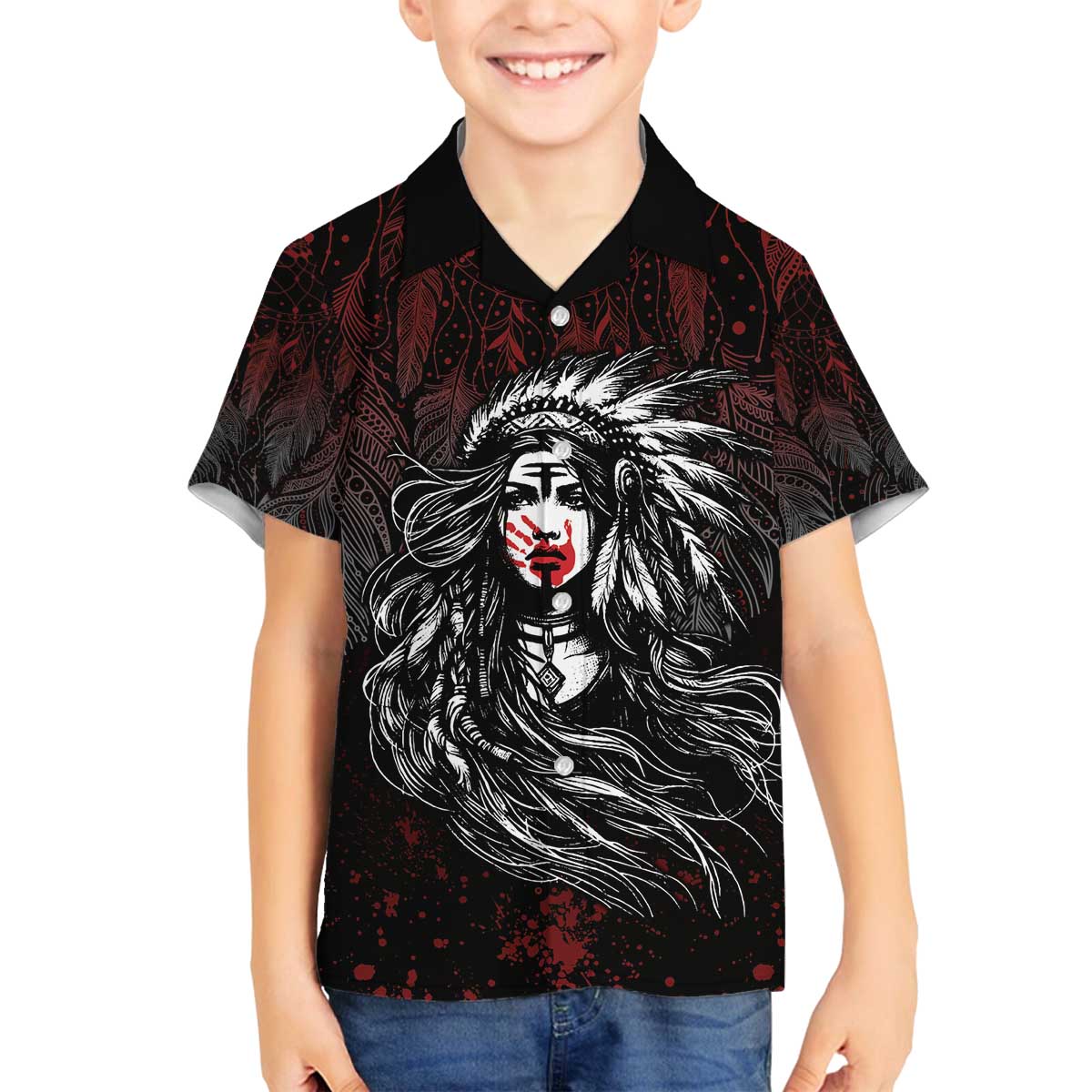 Native American MMIW Red Handprint Family Matching Off The Shoulder Long Sleeve Dress and Hawaiian Shirt Dreamcatcher