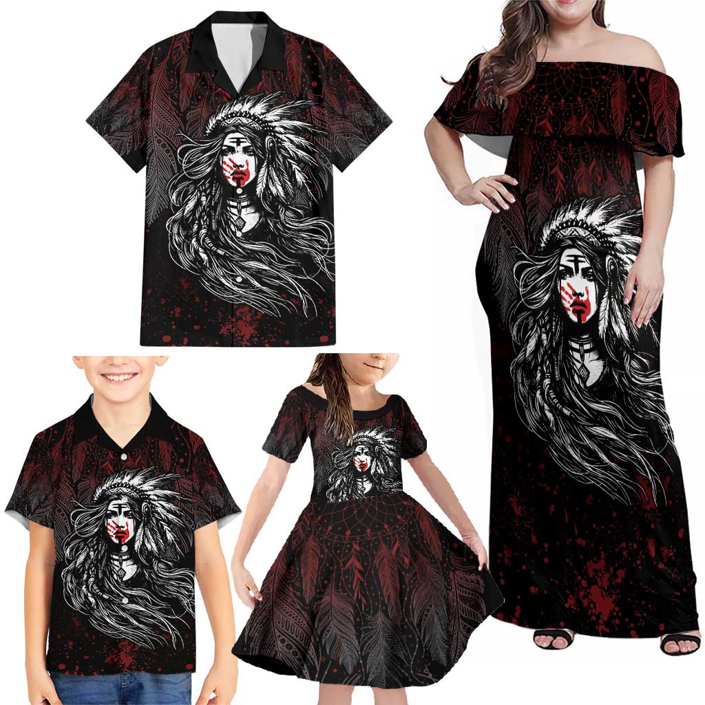 Native American MMIW Red Handprint Family Matching Off Shoulder Maxi Dress and Hawaiian Shirt Dreamcatcher