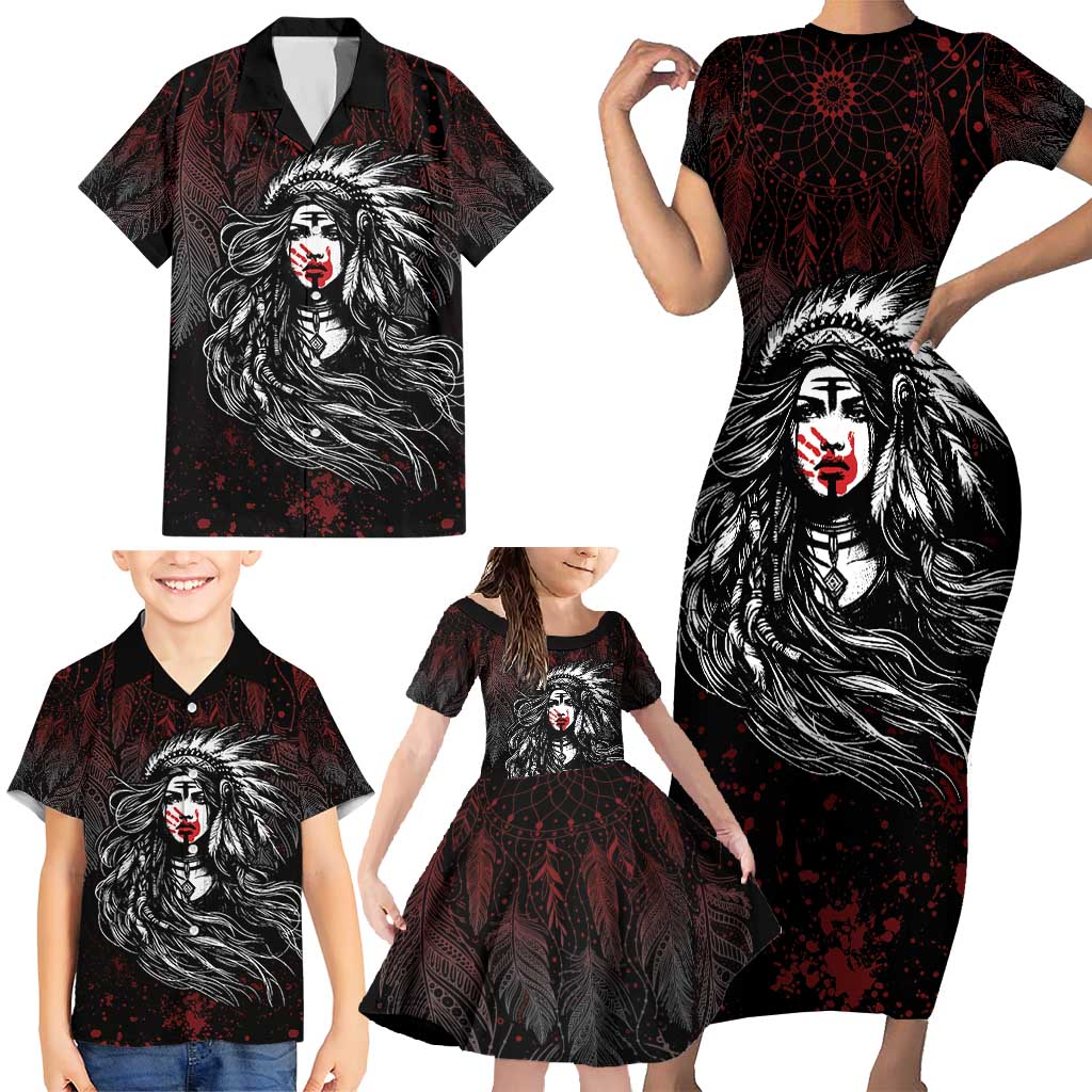 Native American MMIW Red Handprint Family Matching Short Sleeve Bodycon Dress and Hawaiian Shirt Dreamcatcher