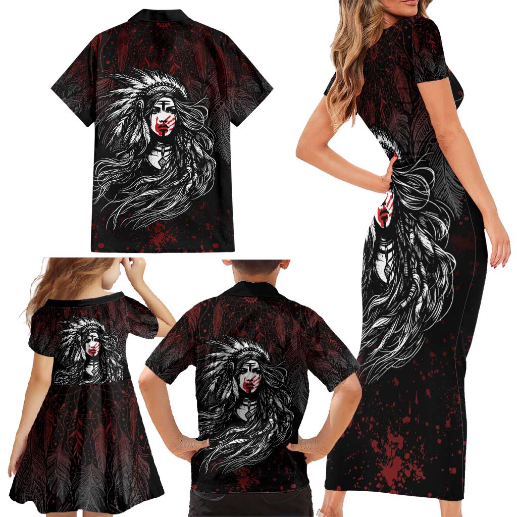 Native American MMIW Red Handprint Family Matching Short Sleeve Bodycon Dress and Hawaiian Shirt Dreamcatcher
