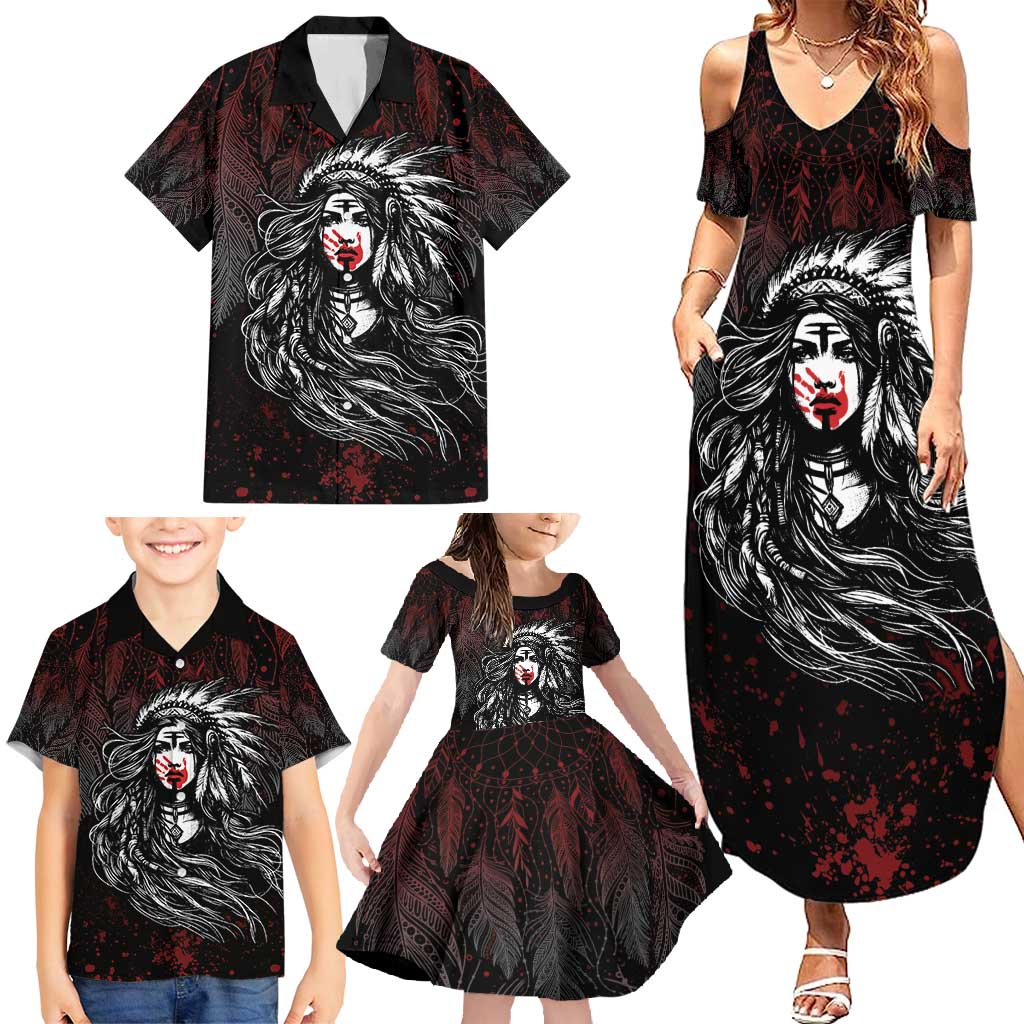 Native American MMIW Red Handprint Family Matching Summer Maxi Dress and Hawaiian Shirt Dreamcatcher