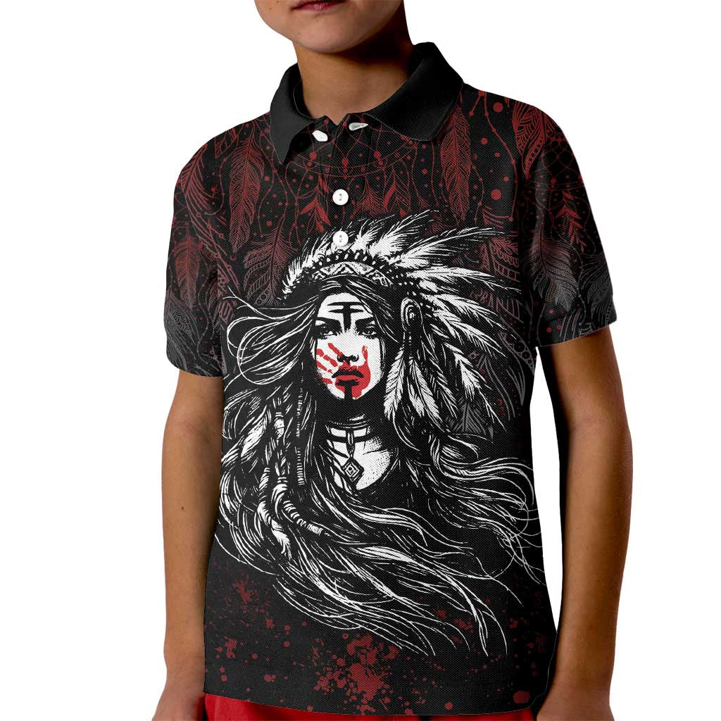 Native American MMIW Red Handprint Kid Polo Shirt Dreamcatcher