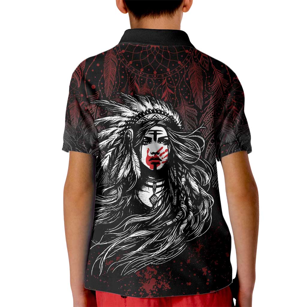 Native American MMIW Red Handprint Kid Polo Shirt Dreamcatcher