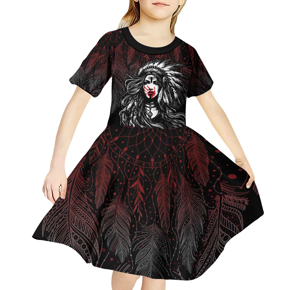 Native American MMIW Red Handprint Kid Short Sleeve Dress Dreamcatcher