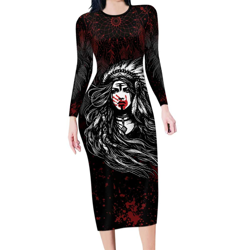 Native American MMIW Red Handprint Long Sleeve Bodycon Dress Dreamcatcher