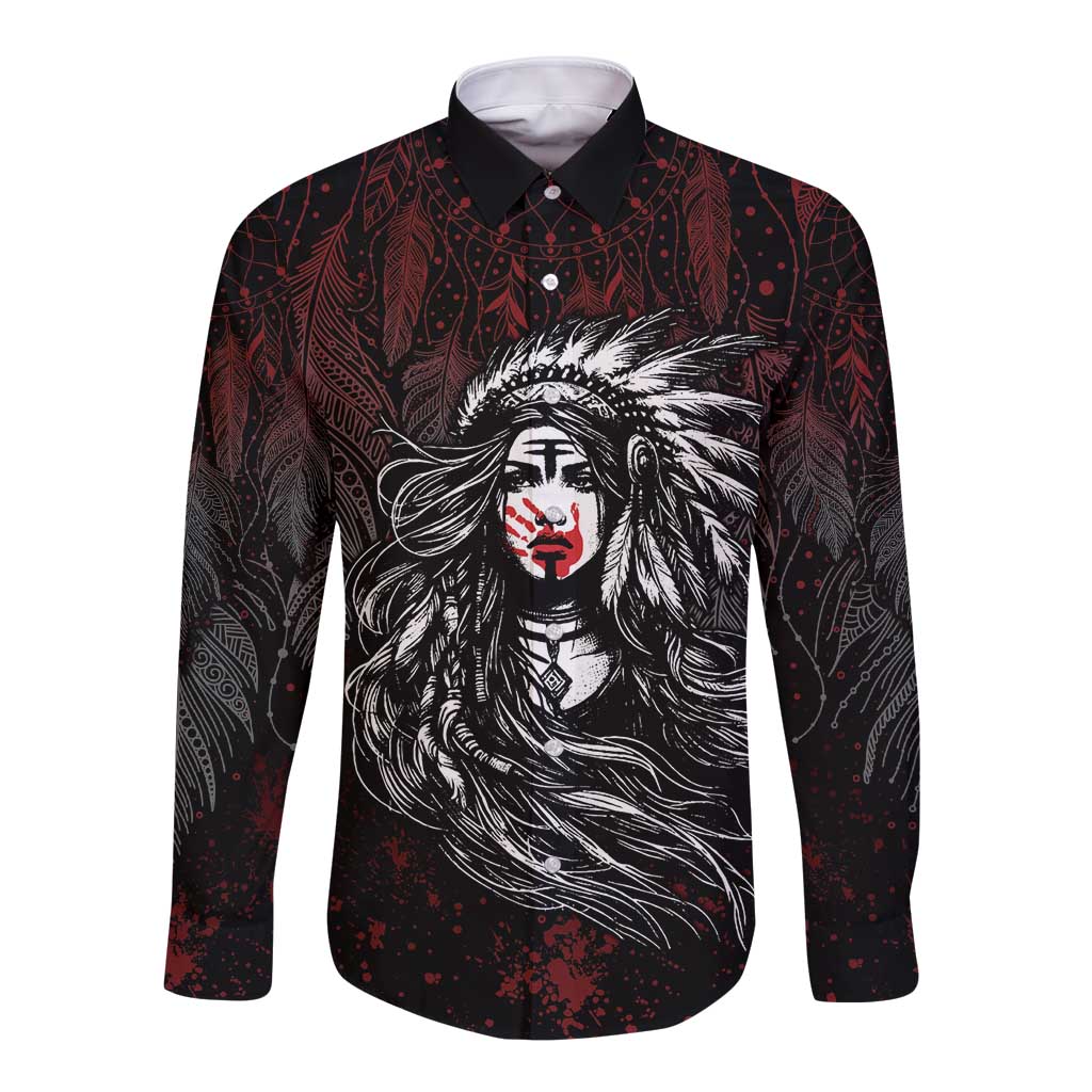 Native American MMIW Red Handprint Long Sleeve Button Shirt Dreamcatcher