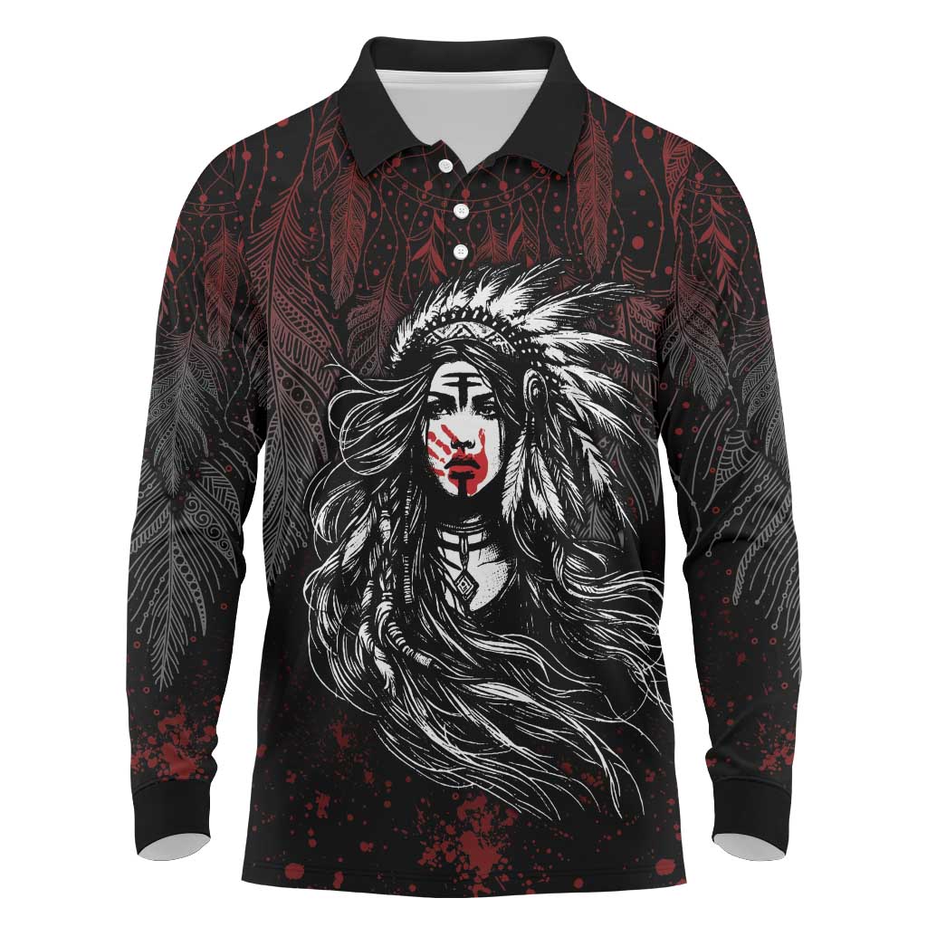 Native American MMIW Red Handprint Long Sleeve Polo Shirt Dreamcatcher