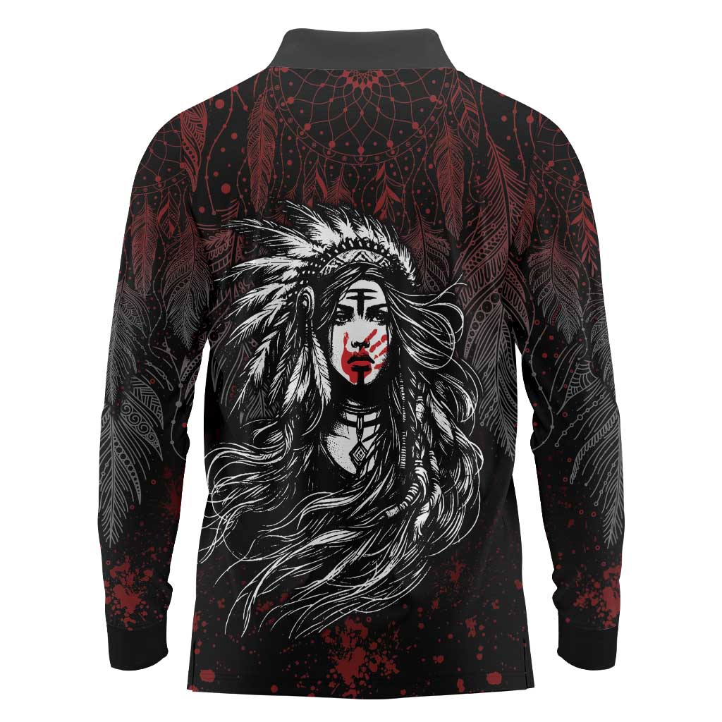 Native American MMIW Red Handprint Long Sleeve Polo Shirt Dreamcatcher