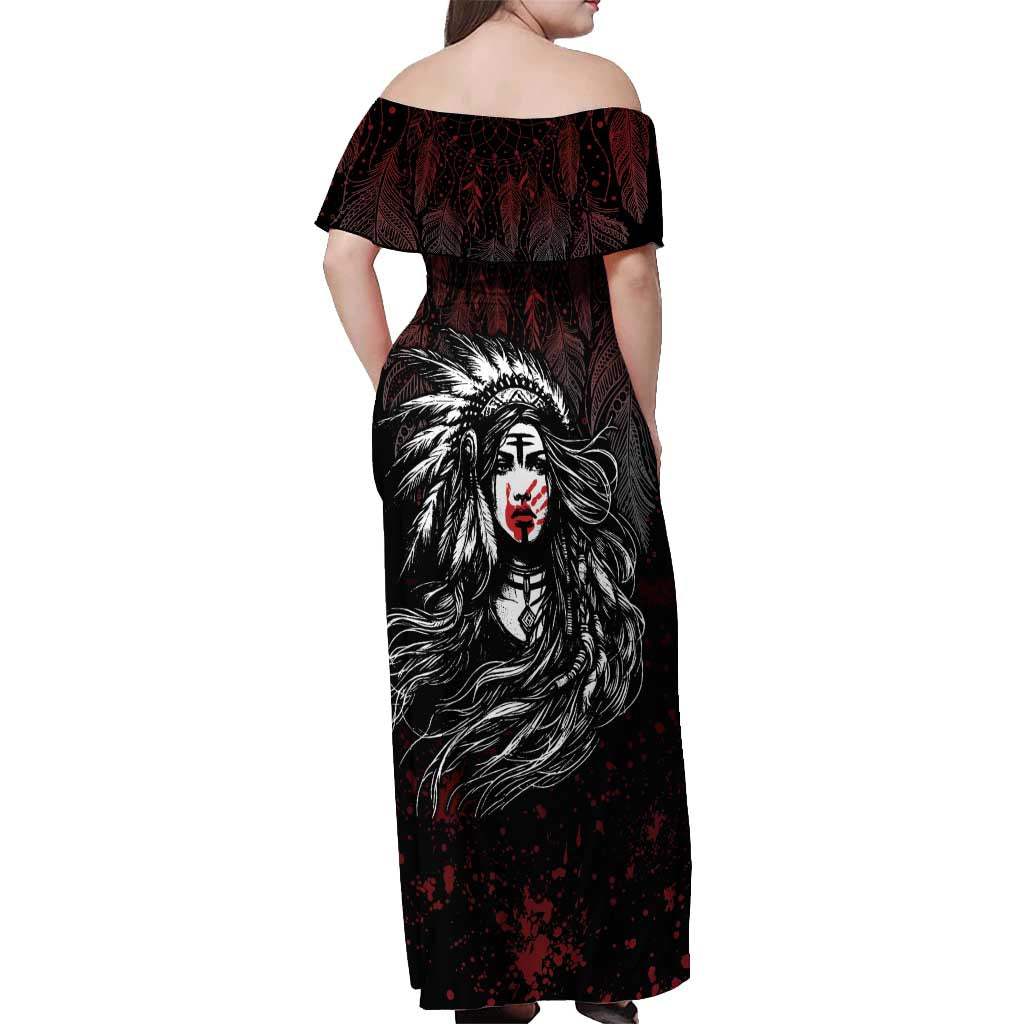 Native American MMIW Red Handprint Off Shoulder Maxi Dress Dreamcatcher