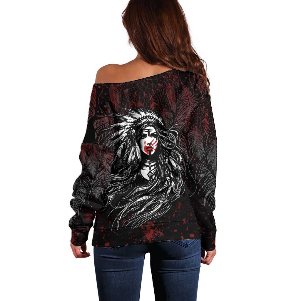 Native American MMIW Red Handprint Off Shoulder Sweater Dreamcatcher