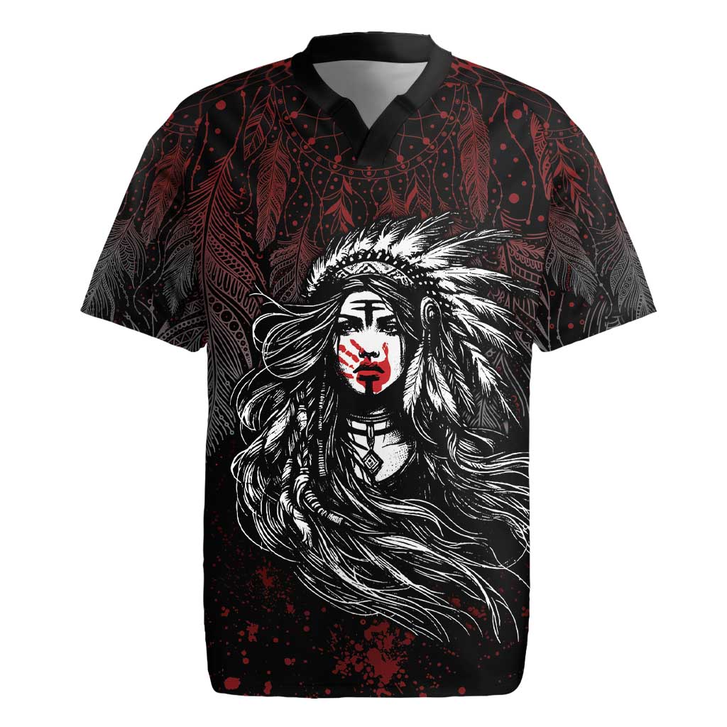 Native American MMIW Red Handprint Rugby Jersey Dreamcatcher