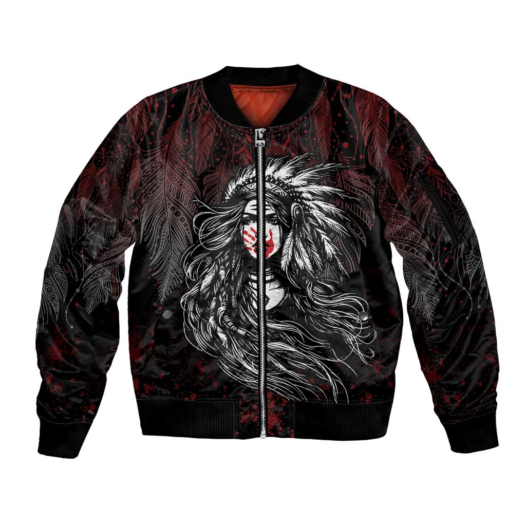Native American MMIW Red Handprint Sleeve Zip Bomber Jacket Dreamcatcher