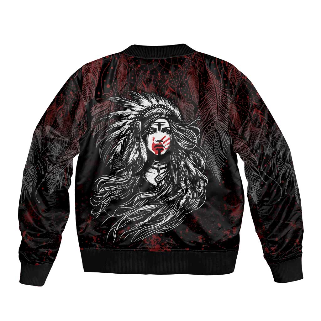 Native American MMIW Red Handprint Sleeve Zip Bomber Jacket Dreamcatcher