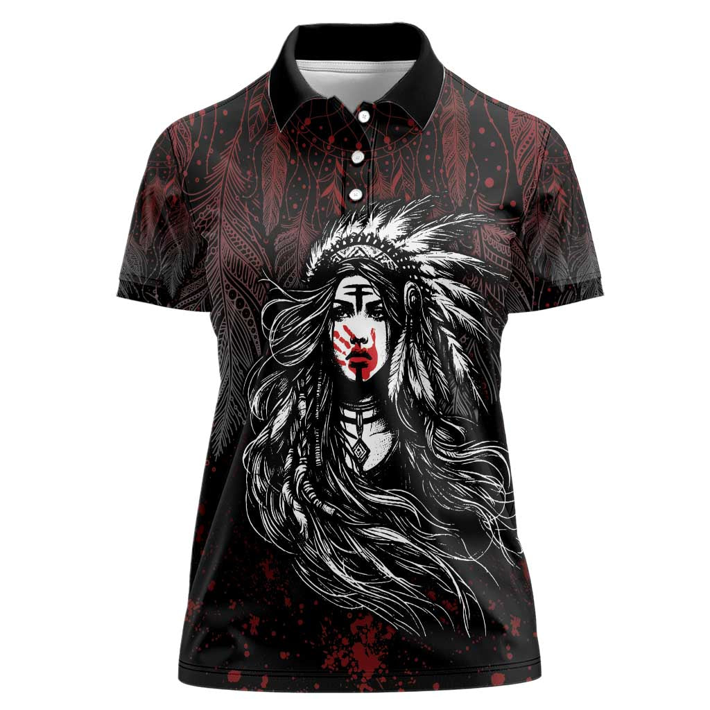 Native American MMIW Red Handprint Women Polo Shirt Dreamcatcher