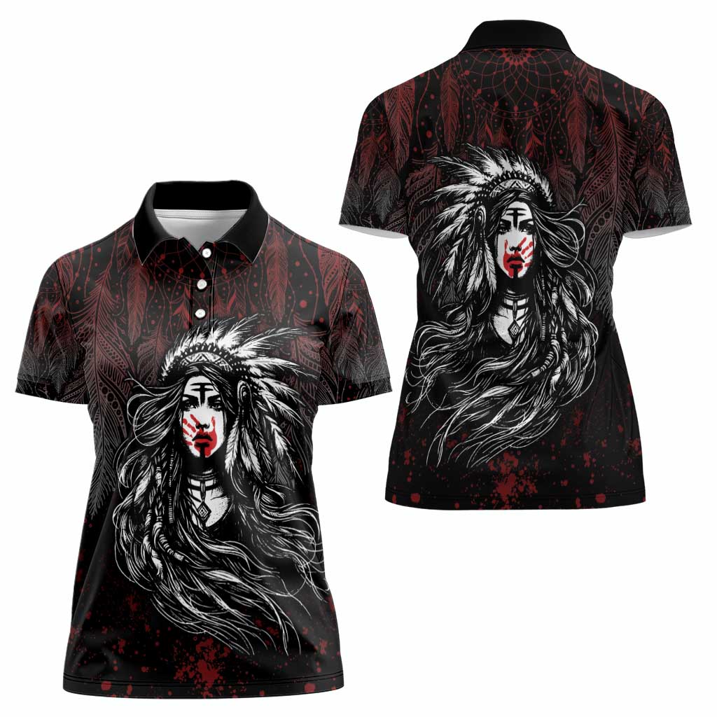 Native American MMIW Red Handprint Women Polo Shirt Dreamcatcher