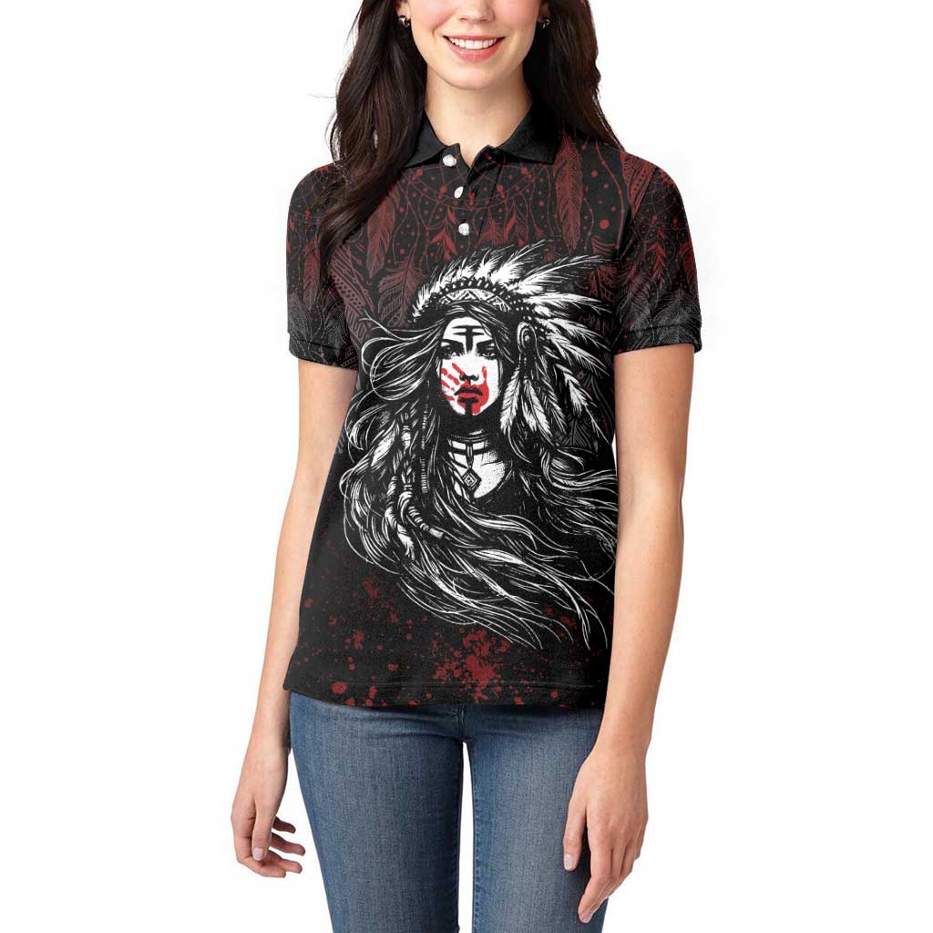 Native American MMIW Red Handprint Women Polo Shirt Dreamcatcher