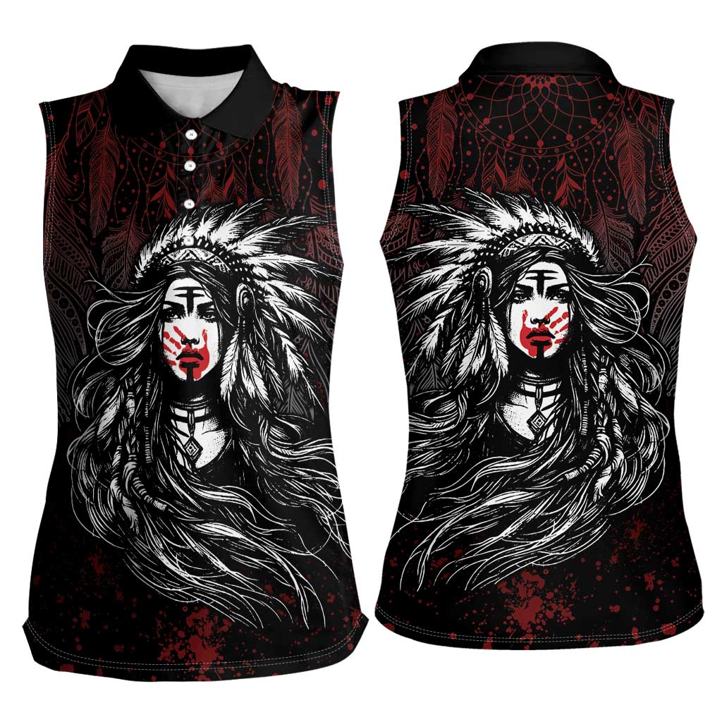 Native American MMIW Red Handprint Women Sleeveless Polo Shirt Dreamcatcher