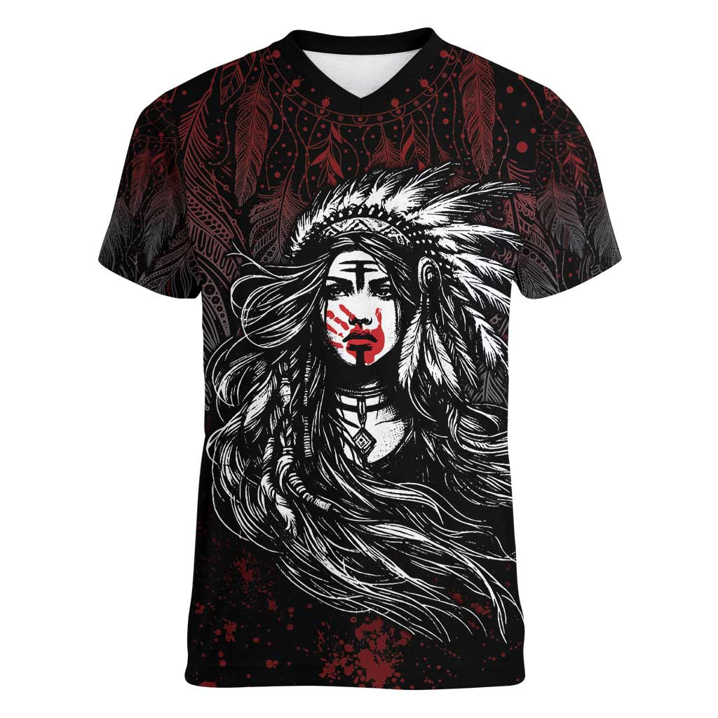 Native American MMIW Red Handprint Women V-Neck T-Shirt Dreamcatcher