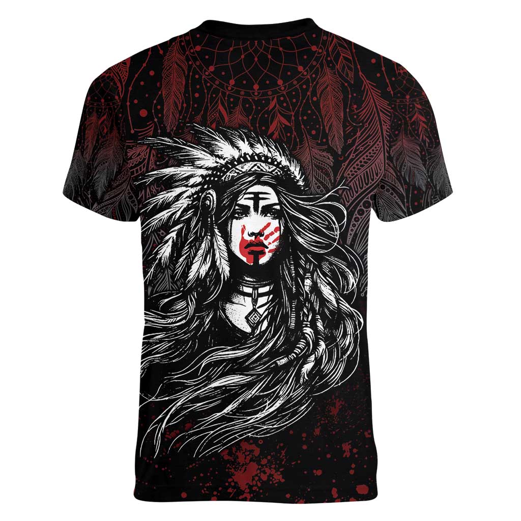 Native American MMIW Red Handprint Women V-Neck T-Shirt Dreamcatcher