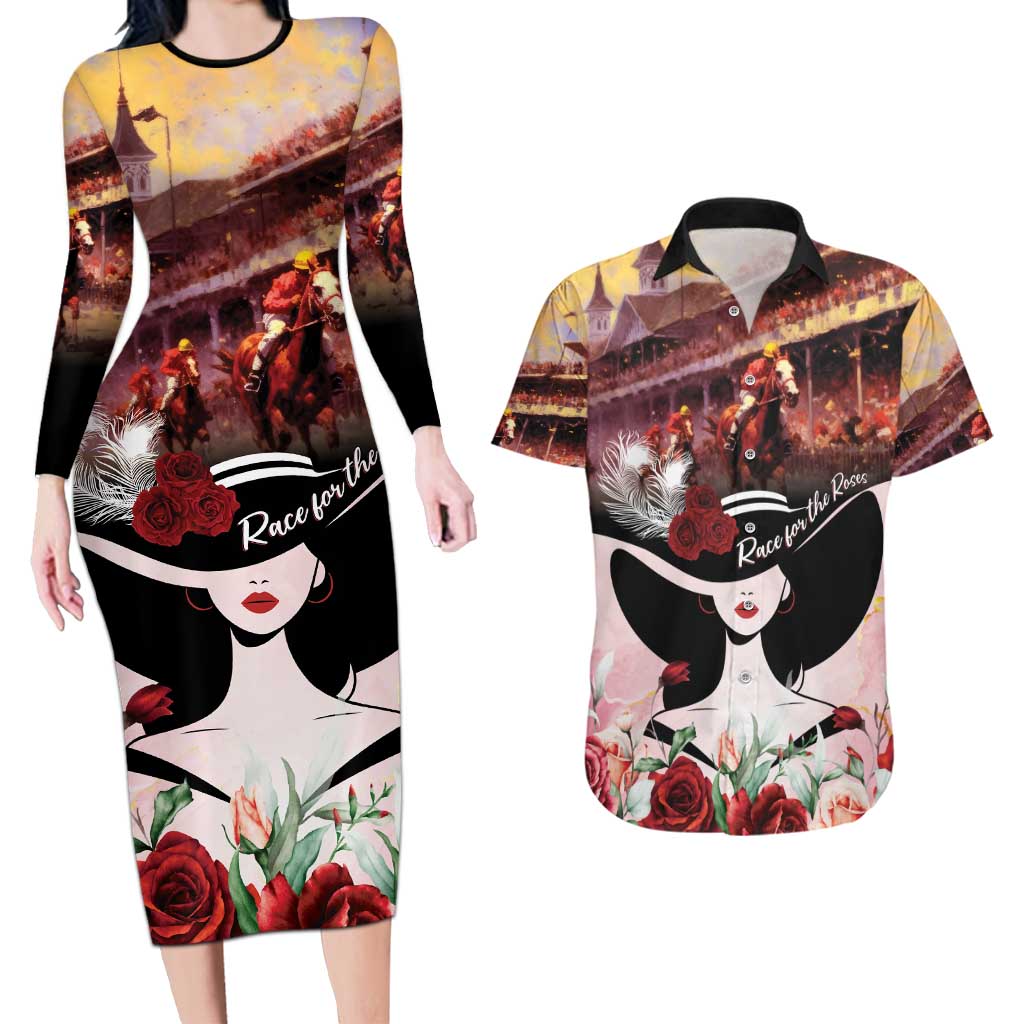 Kentucky Horse Racing Couples Matching Long Sleeve Bodycon Dress and Hawaiian Shirt Derby Girl - Marble Roses