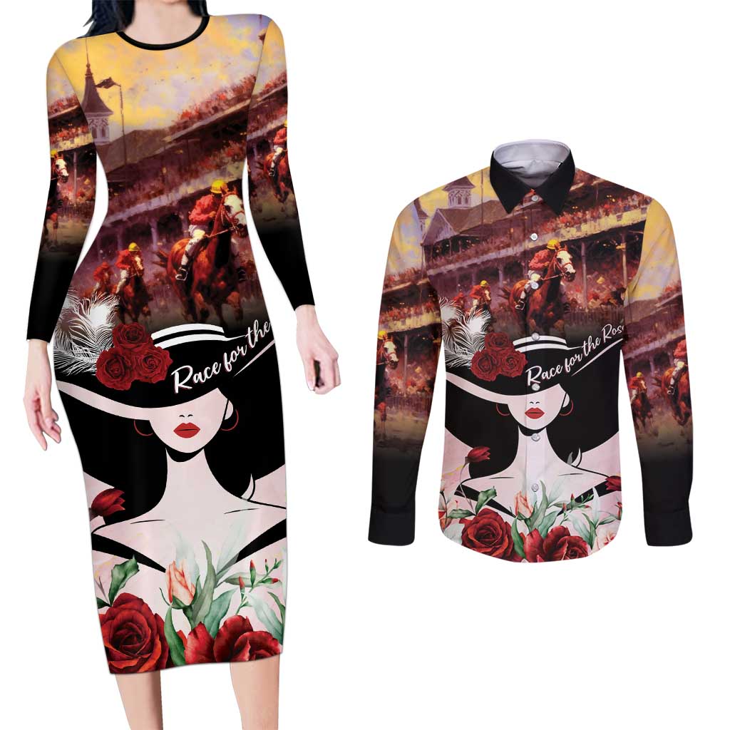 Kentucky Horse Racing Couples Matching Long Sleeve Bodycon Dress and Long Sleeve Button Shirt Derby Girl - Marble Roses