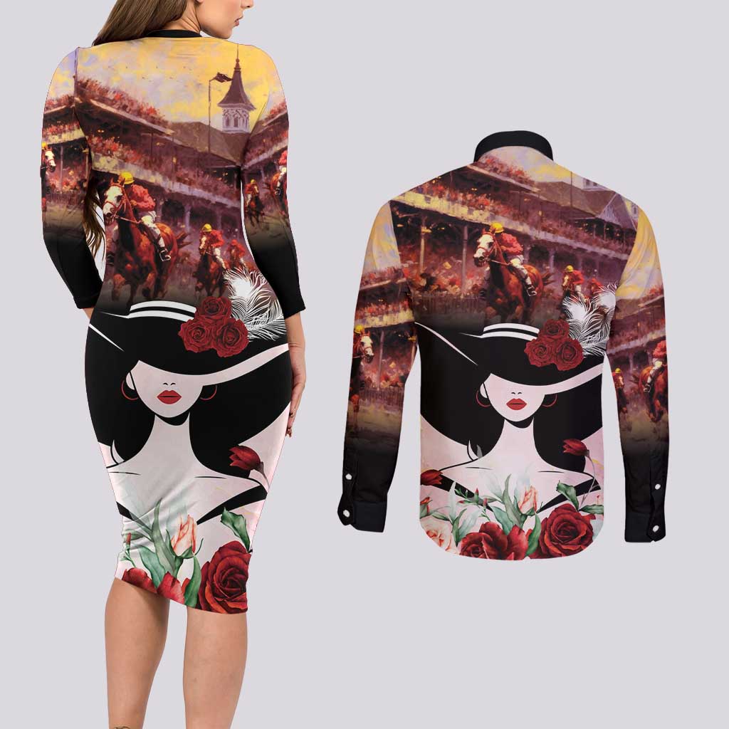 Kentucky Horse Racing Couples Matching Long Sleeve Bodycon Dress and Long Sleeve Button Shirt Derby Girl - Marble Roses