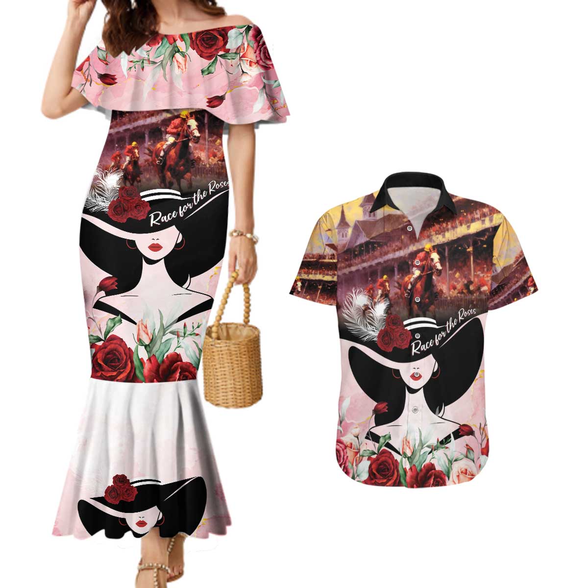 Kentucky Horse Racing Couples Matching Mermaid Dress and Hawaiian Shirt Derby Girl - Marble Roses