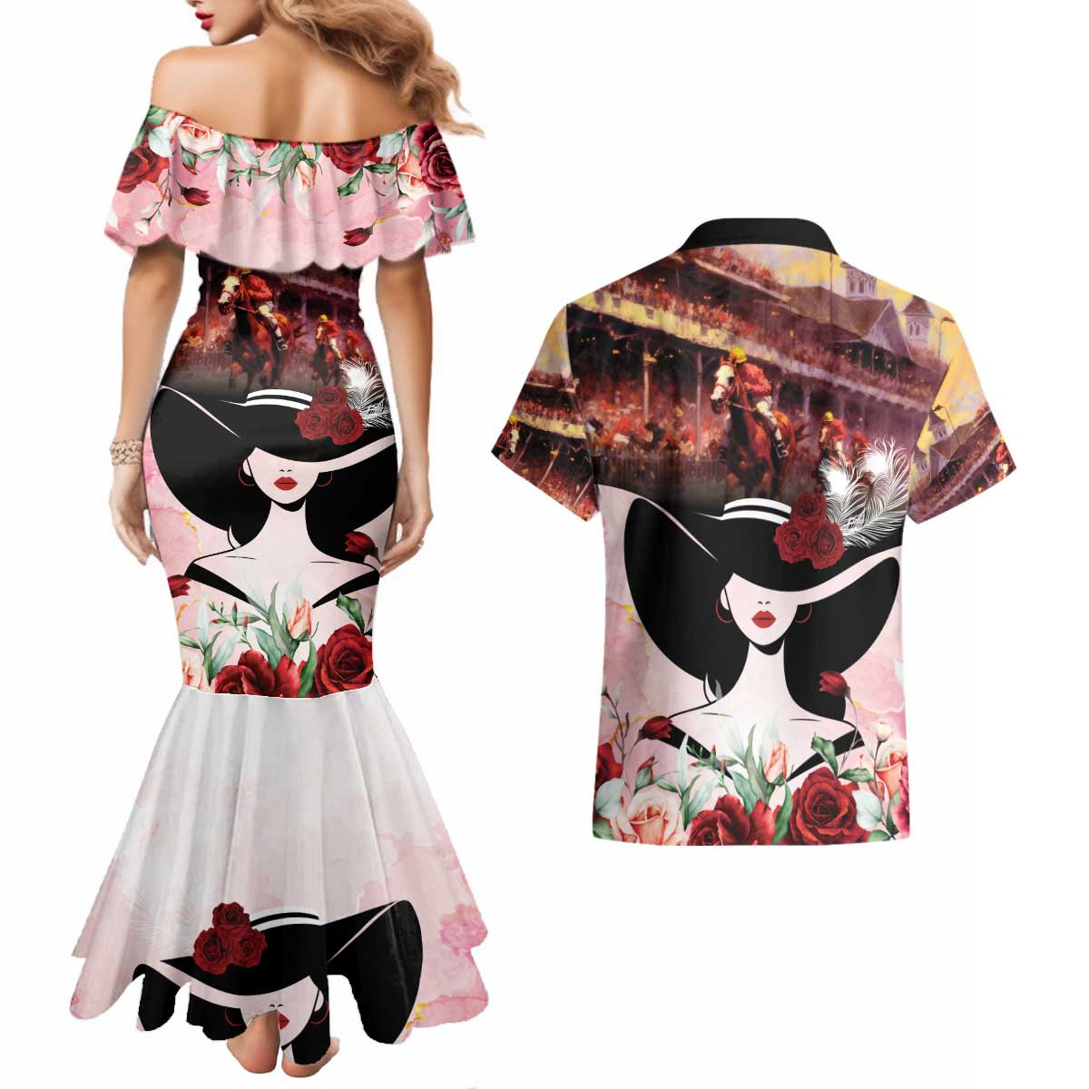 Kentucky Horse Racing Couples Matching Mermaid Dress and Hawaiian Shirt Derby Girl - Marble Roses
