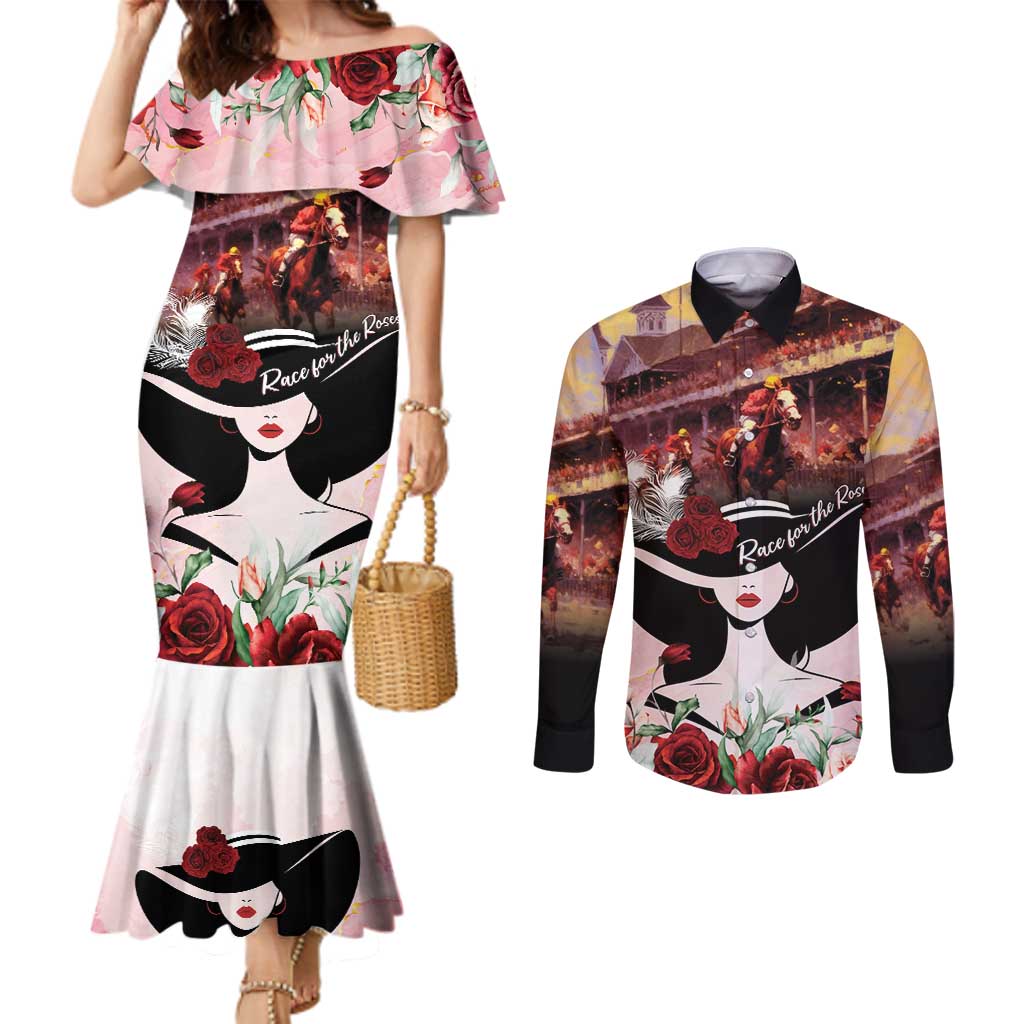 Kentucky Horse Racing Couples Matching Mermaid Dress and Long Sleeve Button Shirt Derby Girl - Marble Roses