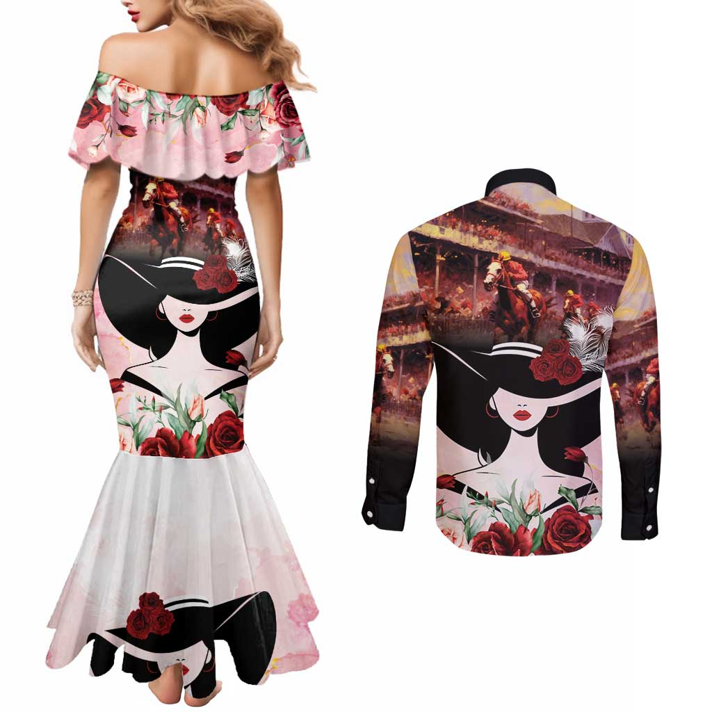 Kentucky Horse Racing Couples Matching Mermaid Dress and Long Sleeve Button Shirt Derby Girl - Marble Roses