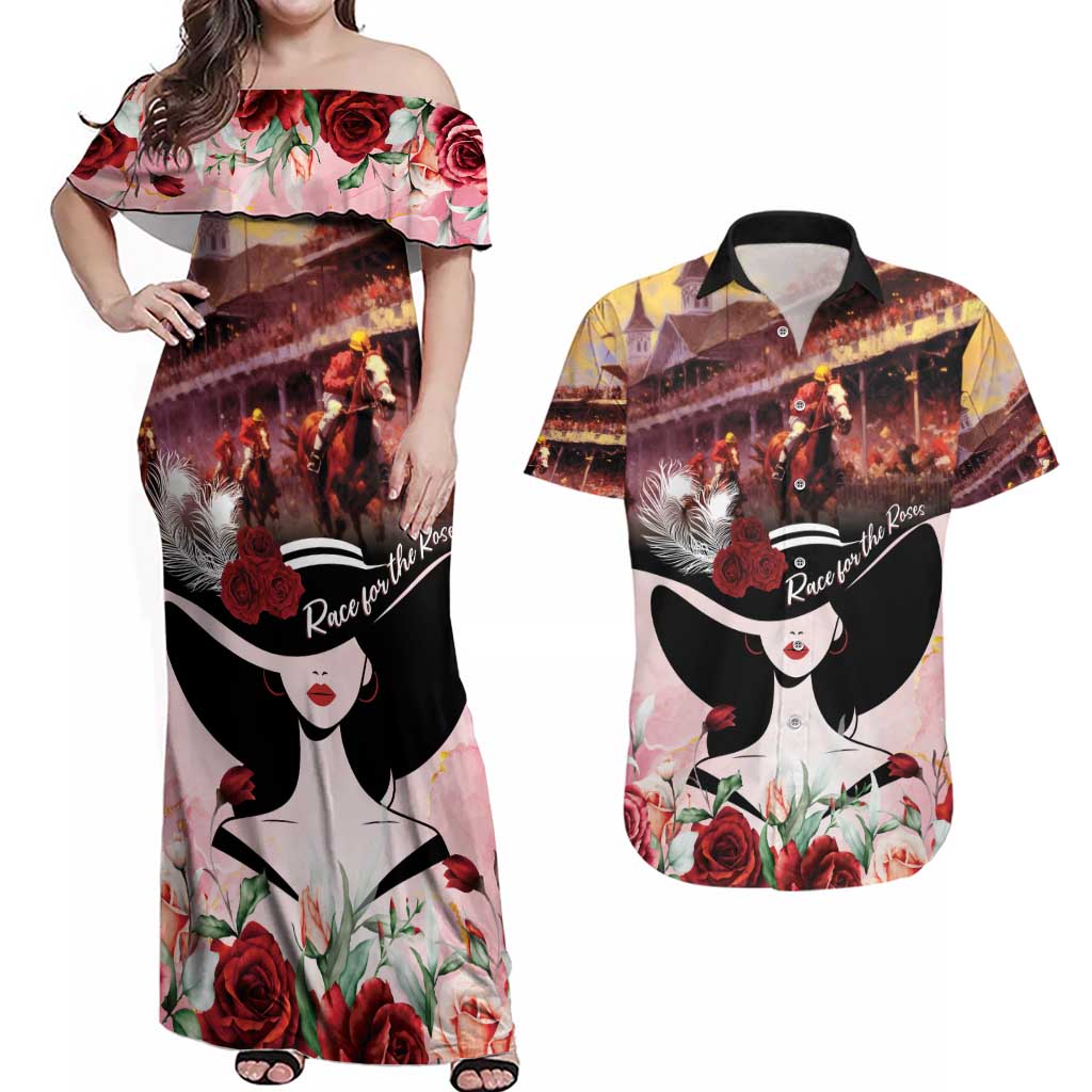 Kentucky Horse Racing Couples Matching Off Shoulder Maxi Dress and Hawaiian Shirt Derby Girl - Marble Roses