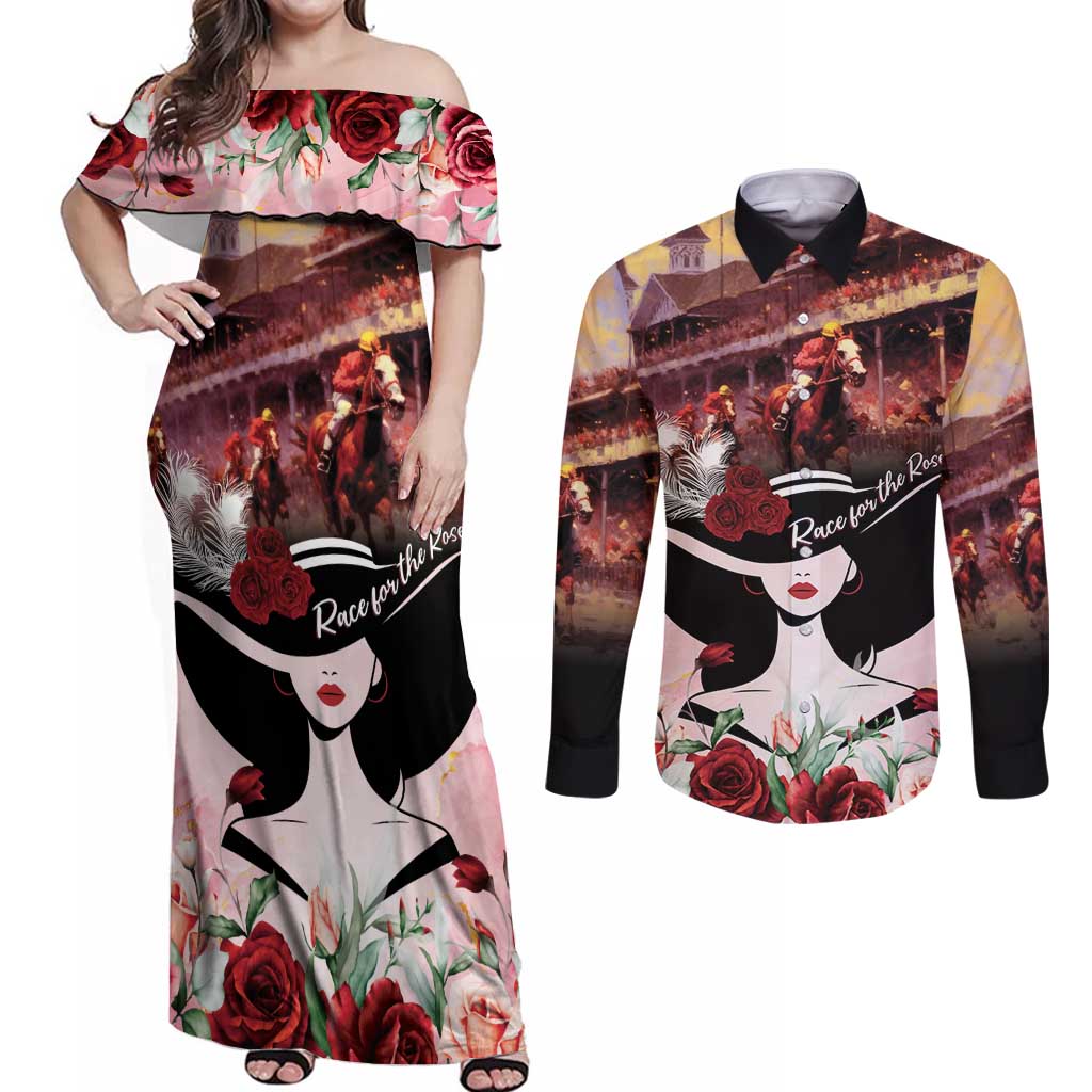 Kentucky Horse Racing Couples Matching Off Shoulder Maxi Dress and Long Sleeve Button Shirt Derby Girl - Marble Roses