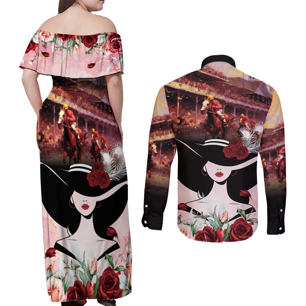 Kentucky Horse Racing Couples Matching Off Shoulder Maxi Dress and Long Sleeve Button Shirt Derby Girl - Marble Roses