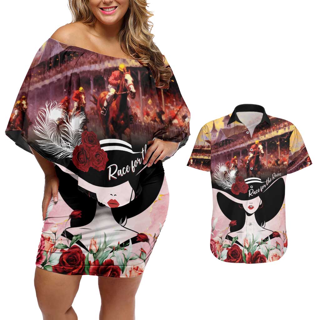 Kentucky Horse Racing Couples Matching Off Shoulder Short Dress and Hawaiian Shirt Derby Girl - Marble Roses